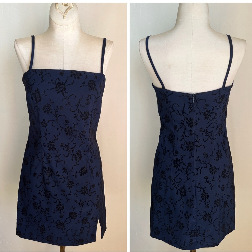 Vintage Rampage 90s Navy Black Velvet Design Mini Dress size 3
